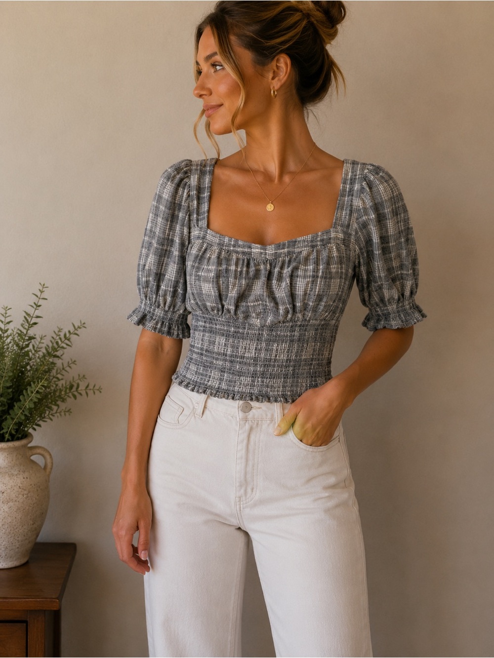 Universal Thread Plaid Square-Neck Smocked Peasant Blouse